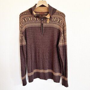 Born Sweater L Brown Fair Isle Silk Cashmere Blend 1/4 Zip Elbow Patc